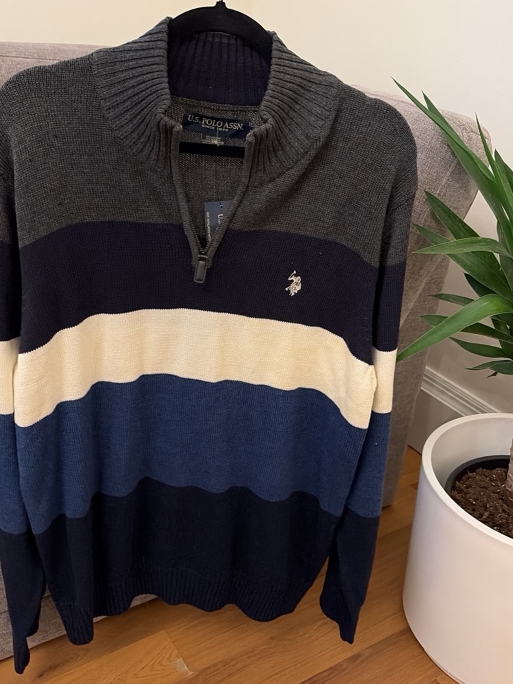 U.S. Polo Assn. Men’s Striped Half-Zip Sweater in Navy, Gray & Cream